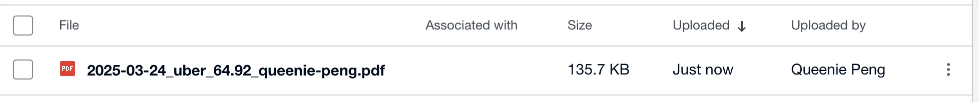 Xero interface showing a receipt uploaded via Receipt-AI stored as a file only. The file '2025-03-24_uber_64.92_queenie-peng.pdf' is visible in the Files section without being linked to any spend money transaction, demonstrating the File Only setup for compliance and audit storage.