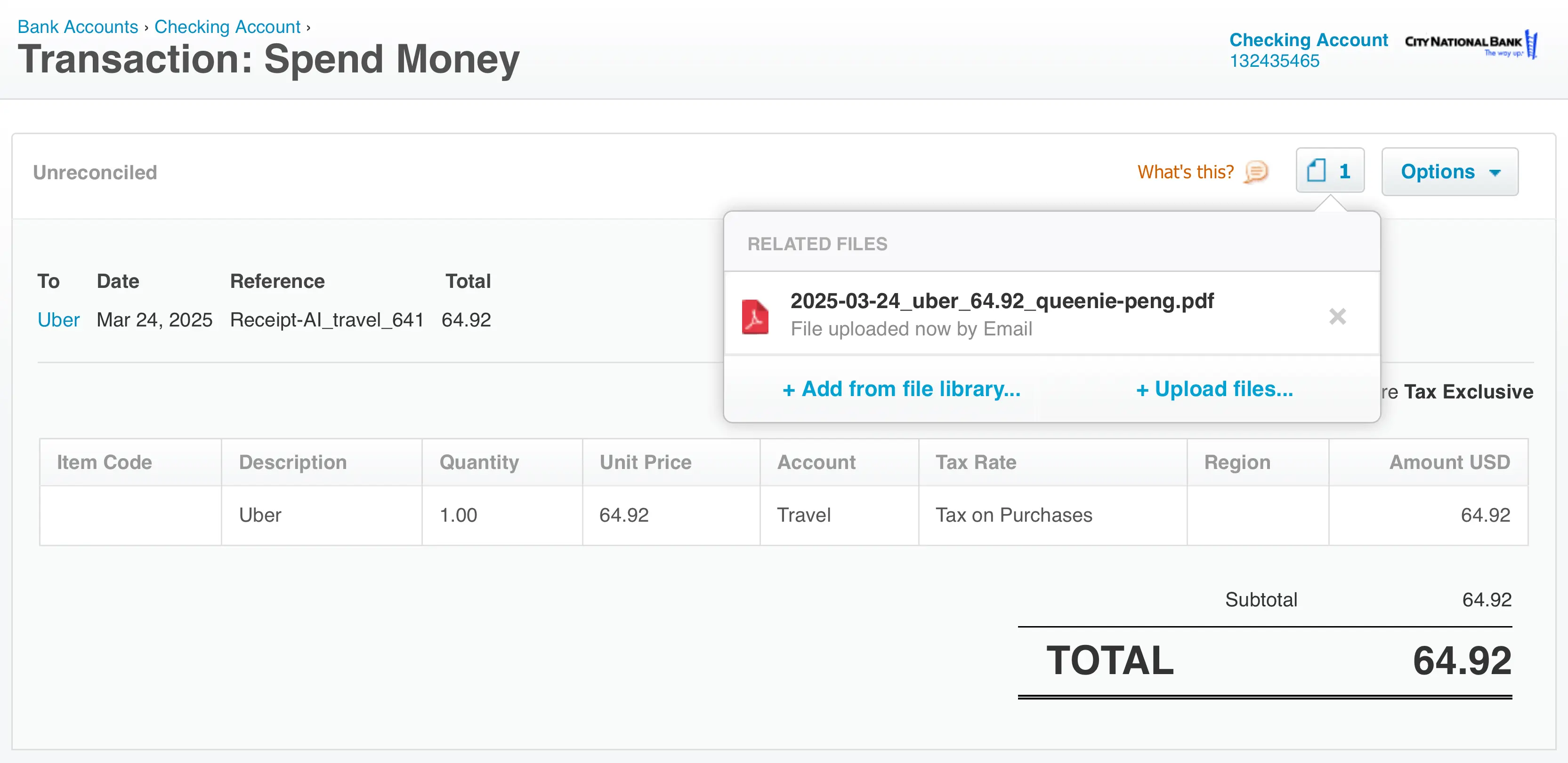 Xero Spend Money transaction example created by Receipt-AI. The expense is from Uber dated March 24, 2025, with a total of $64.92. The Reference field shows 'Receipt-AI_travel_641', linking back to the original receipt in Receipt-AI. A PDF receipt file titled '2025-03-24_uber_64.92_queenie-peng.pdf' is attached under Related Files. The transaction categorizes the amount under Travel expenses, with a single line item entry for Uber and tax on purchases applied.
