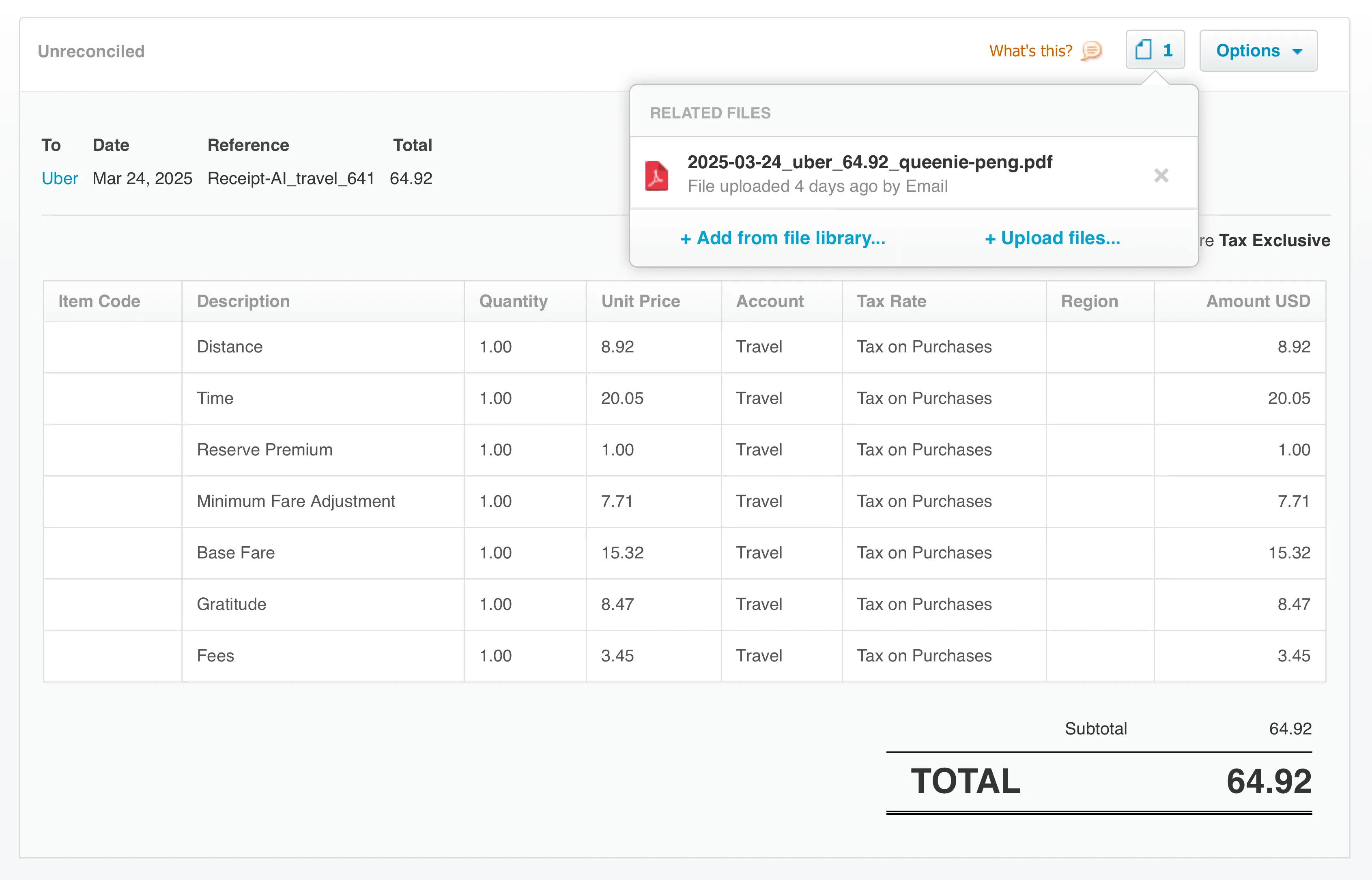 Xero Spend Money transaction with detailed breakdown of an Uber ride receipt processed by Receipt-AI. The expense dated March 24, 2025, shows Reference 'Receipt-AI_travel_641' linking back to Receipt-AI. A PDF file '2025-03-24_uber_64.92_queenie-peng.pdf' is attached under Related Files. The total is $64.92 categorized under Travel. Line items include Distance $8.92, Time $20.05, Reserve Premium $1.00, Minimum Fare Adjustment $7.71, Base Fare $15.32, Gratitude $8.47, and Fees $3.45. Each item is mapped to Travel account with Tax on Purchases applied.