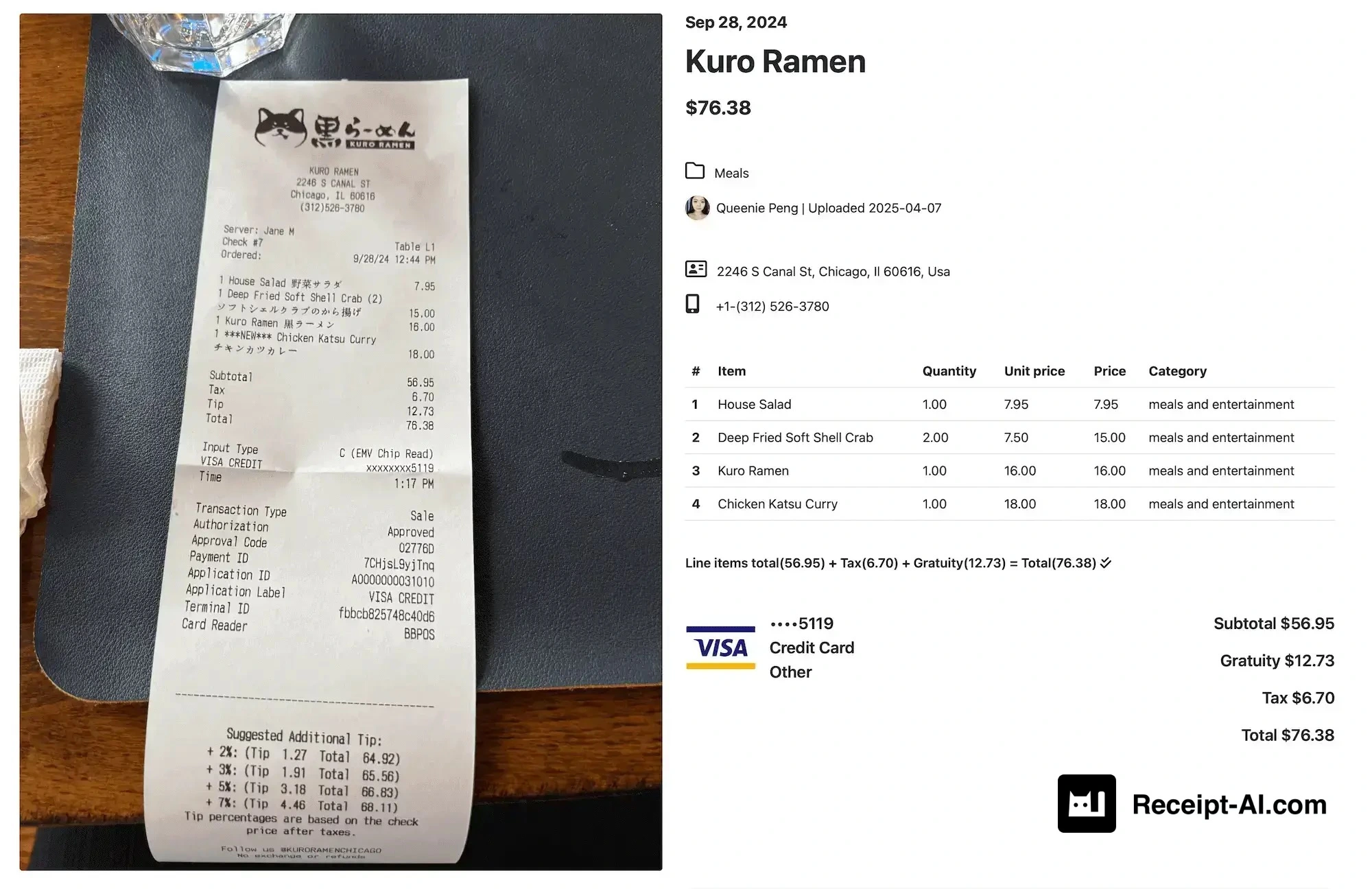 A photo of a restaurant receipt from Kuro Ramen in Chicago, dated September 28, 2024, along with a digital expense report summary. The receipt includes four food items: House Salad ($7.95), Deep Fried Soft Shell Crab (2 x $7.50 = $15.00), Kuro Ramen ($16.00), and Chicken Katsu Curry ($18.00), with a subtotal of $56.95. Tax is $6.70, and the tip is $12.73, bringing the total to $76.38. The payment was made via VISA credit card ending in 5119. The digital report on the right side includes itemized details, categories each item as “meals and entertainment,” and shows the restaurant’s contact info, address, and upload date by Queenie Peng on April 7, 2025. The Intuit QuickBooks logo is shown at the bottom right, indicating syncing with accounting software.