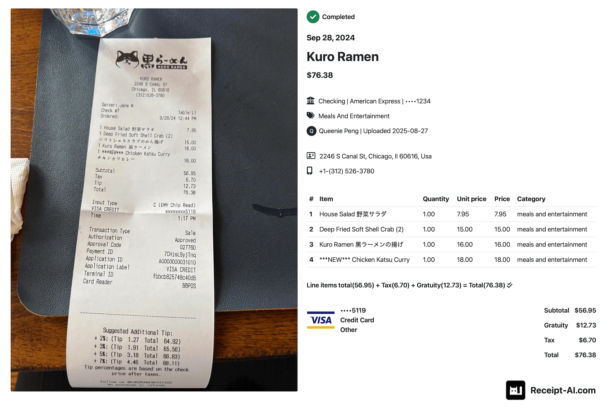 A photo of a restaurant receipt from Kuro Ramen in Chicago, dated September 28, 2024, along with a digital expense report summary. The receipt includes four food items: House Salad ($7.95), Deep Fried Soft Shell Crab (2 x $7.50 = $15.00), Kuro Ramen ($16.00), and Chicken Katsu Curry ($18.00), with a subtotal of $56.95. Tax is $6.70, and the tip is $12.73, bringing the total to $76.38. The payment was made via VISA credit card ending in 5119. The digital report on the right side includes itemized details, categories each item as “meals and entertainment,” and shows the restaurant’s contact info, address, and upload date by Queenie Peng on April 7, 2025. The Intuit QuickBooks logo is shown at the bottom right, indicating syncing with accounting software.