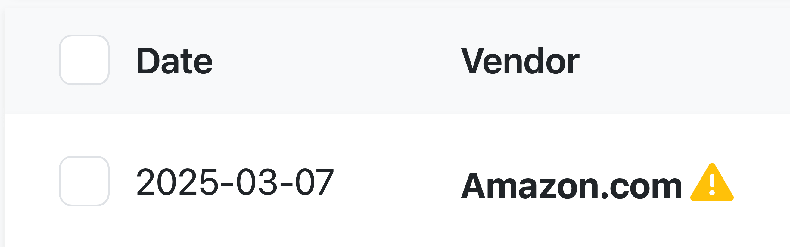 Receipt marked as Review Required in Smart Review, showing Amazon.com with a warning icon indicating missing or inconsistent data