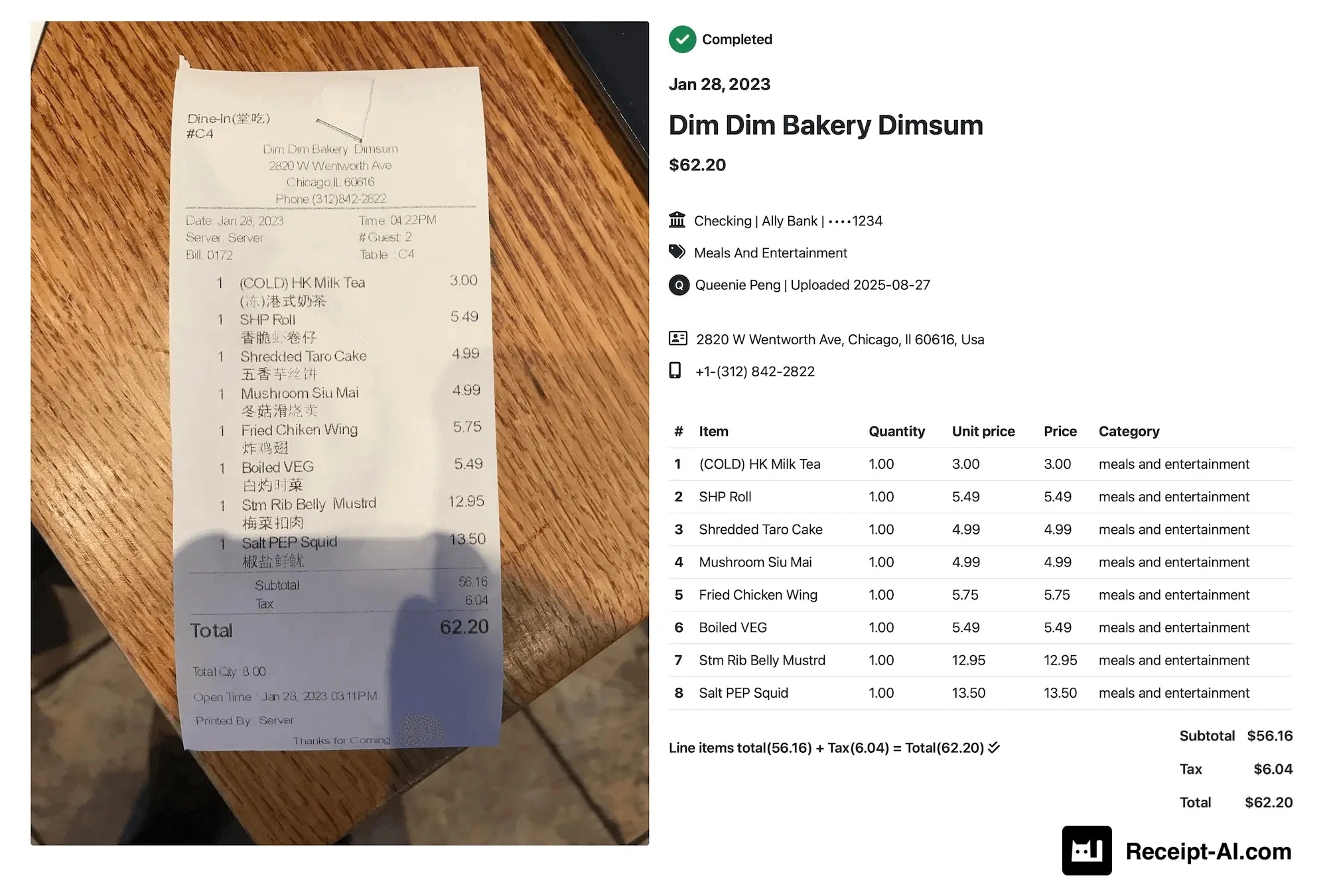 Receipt from Dim Dim Bakery Dimsum in Chicago dated January 28, 2023 for $62.20. Items include HK Milk Tea, SHP Roll, Shredded Taro Cake, Mushroom Siu Mai, Fried Chicken Wing, Boiled Vegetables, Steamed Rib Belly Mustard, and Salt Pepper Squid. Subtotal $56.16, tax $6.04, total $62.20. Paid by credit card ending in 1234, extracted and categorized by Receipt-AI and synced with QuickBooks.