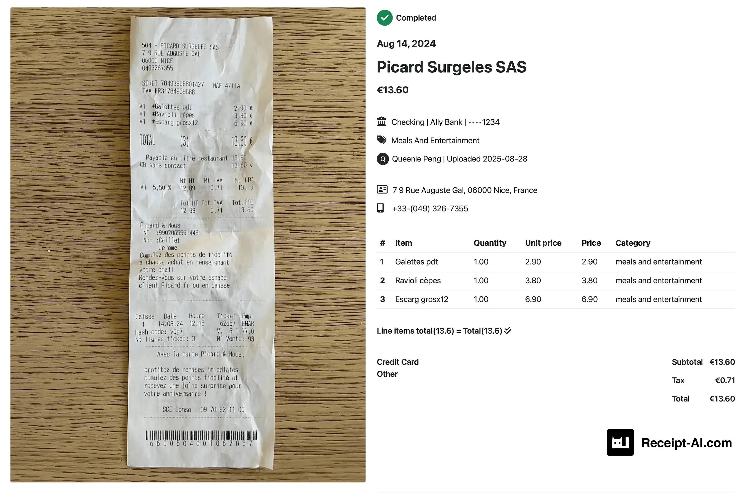 What Languages does Receipt-AI Support for Receipt Extraction? An image showing a detailed receipt from Picard Surgeles SAS dated August 14, 2024, alongside a digital summary of the receipt. The receipt lists the store address as 7-9 Rue Auguste Gal, 06000 Nice, France, with a contact number of +33-(49) 326-7355. The customer's name is Queenie Peng, and the receipt was uploaded on September 9, 2024. Three items are purchased: Galettes pdt for €2.90, Ravioli cépes for €3.80, and Escarg grosx12 for €6.90. The subtotal is €12.89 with a tax of €0.71, bringing the total to €13.60, paid by credit card. Additional store information, such as cashier details and a customer loyalty program, is also shown on the receipt.