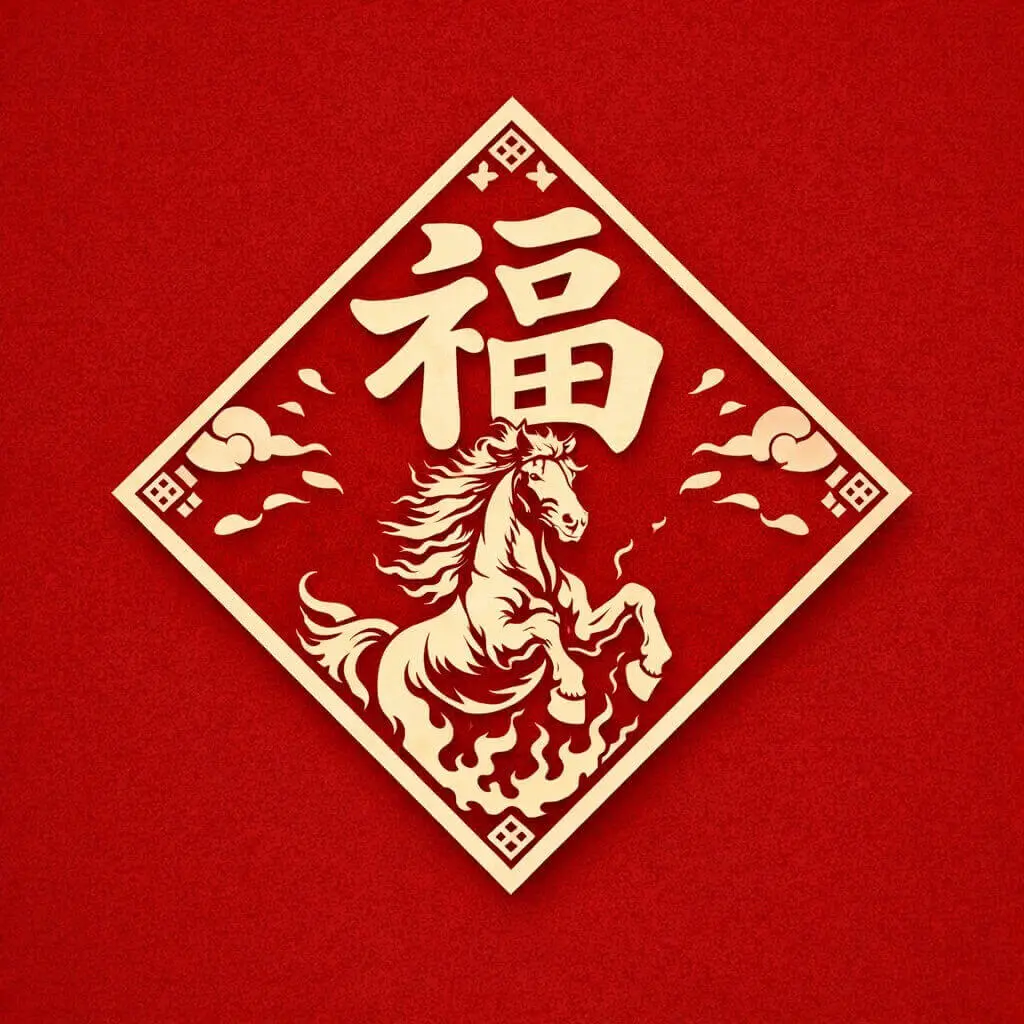 Chinese New Year red decoration featuring the “福”(Good fortune) character and a fire horse symbolizing the Year of the Fire Horse.