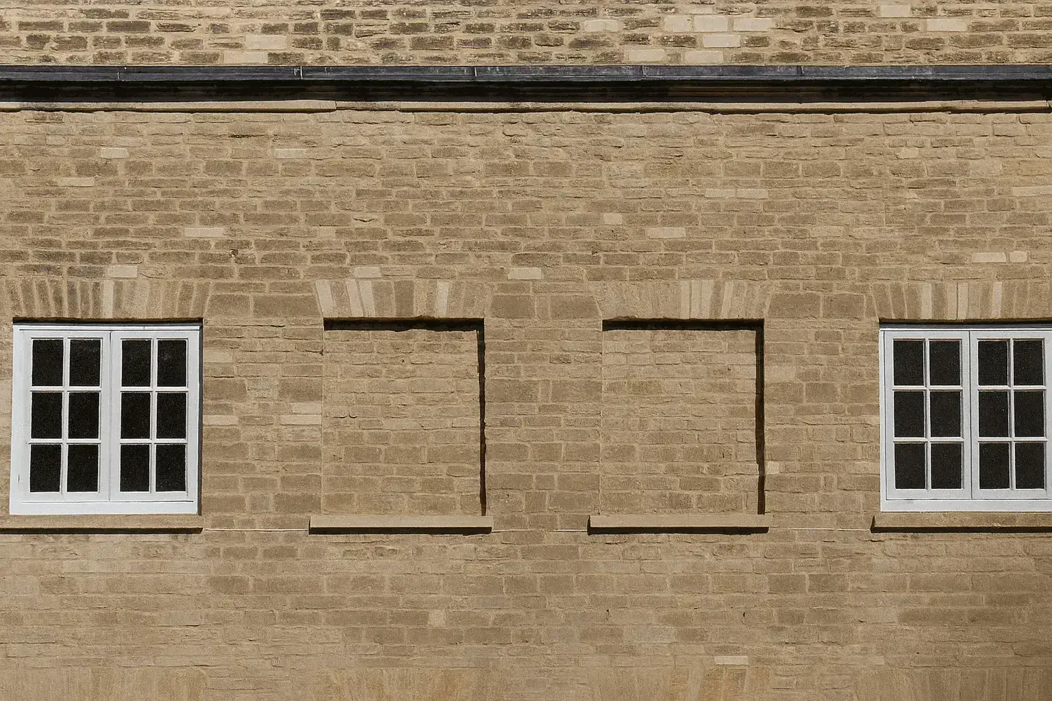 A brick building with two visible windows and three bricked-up window spaces between them, symbolizing outdated decisions and invisible costs, inspired by the historic 'window tax.'