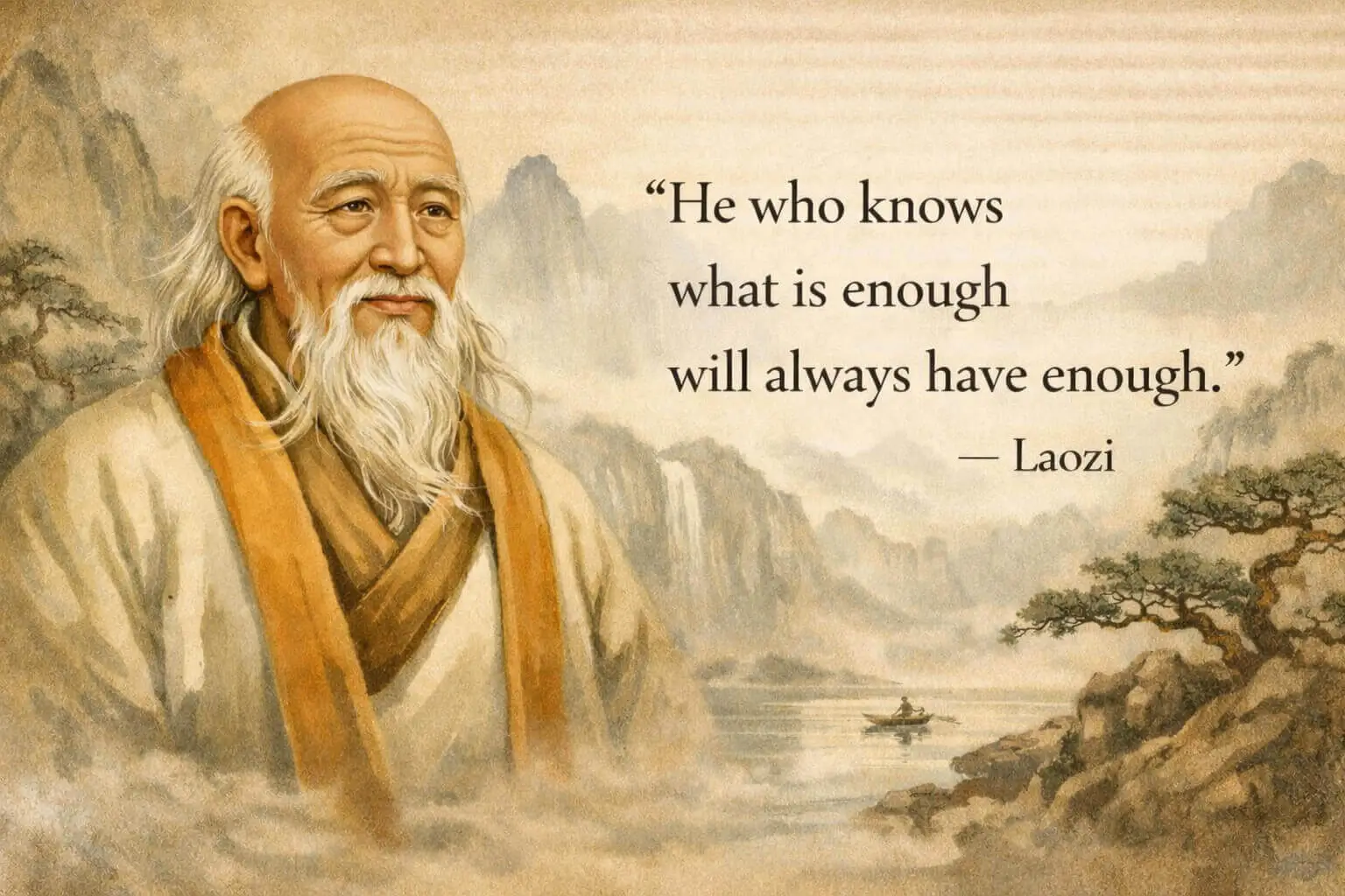Laozi illustration with a quote on contentment and knowing what is enough, symbolizing freedom from material attachment.