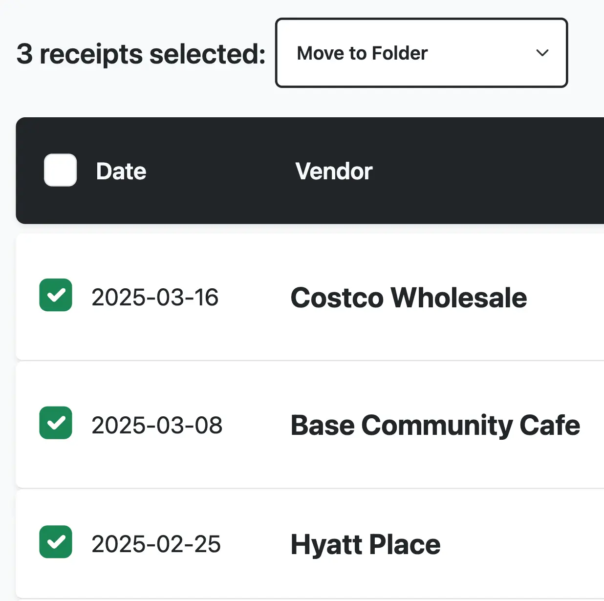 Bulk edit receipts in Receipt-AI.com: select multiple receipts and move them to folders with one click. 